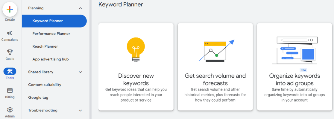 google keyword planner home